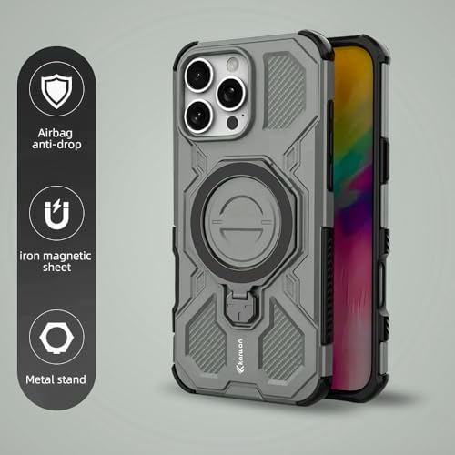 KARWAN Tough Shockproof Armor Back Case Cover Compatible with iPhone 16 Pro Max with 360 Degree Rotation Magnetic Attraction Ring, Holder Heavy Duty Rugged Cover with MagEaze Wireless Charging (Grey) - Image 2
