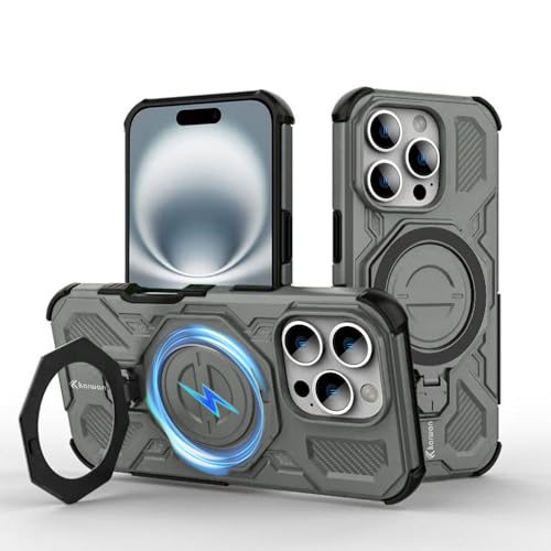 KARWAN Tough Shockproof Armor Back Case Cover Compatible with iPhone 16 Pro Max with 360 Degree Rotation Magnetic Attraction Ring, Holder Heavy Duty Rugged Cover with MagEaze Wireless Charging (Grey) - Image 1
