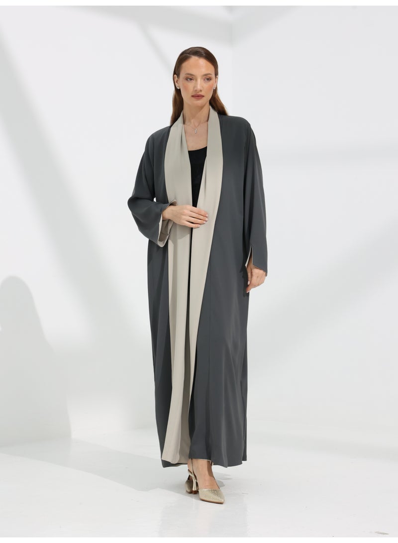 Khan&Co. Sun&Moon BeigeGrey Sun&Moon BeigeGrey Abaya in beige and grey in comfortable buttery fabric - with concealed stitching - by Abdullah Khan - Image 3