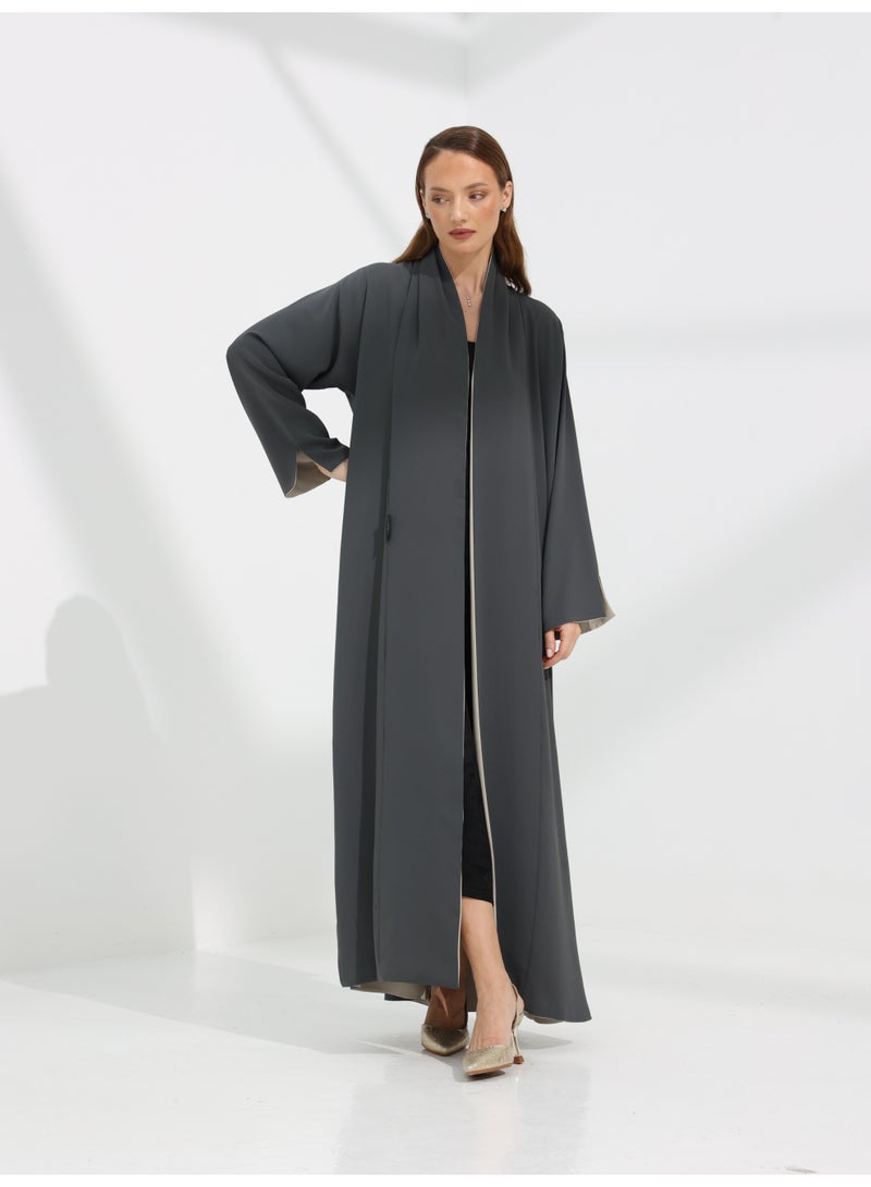 Khan&Co. Sun&Moon BeigeGrey Sun&Moon BeigeGrey Abaya in beige and grey in comfortable buttery fabric - with concealed stitching - by Abdullah Khan - Image 4