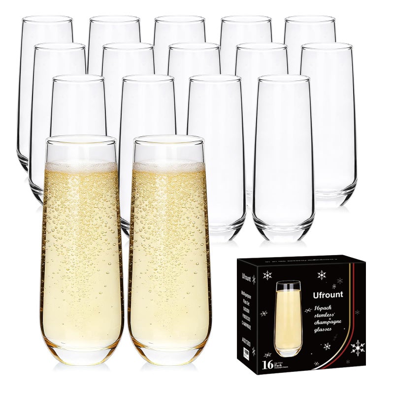 Ufrount Stemless Champagne Flutes Set of 16, 9.5 oz Champagne Glasses, Multi-purpose Mimosa Glasses for Prosecco, Cocktail, Water, Weddings, Bar and Parties - Image 1