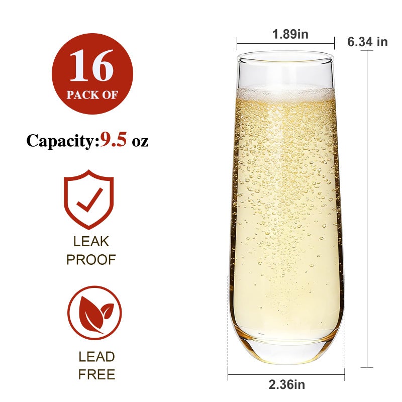 Ufrount Stemless Champagne Flutes Set of 16, 9.5 oz Champagne Glasses, Multi-purpose Mimosa Glasses for Prosecco, Cocktail, Water, Weddings, Bar and Parties - Image 2