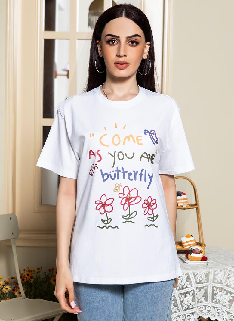 FridayIn Casual Round neck Solid color Color contrast Pos-flower Regular sleeve T-Shirts White - Image 1