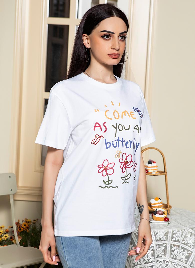 FridayIn Casual Round neck Solid color Color contrast Pos-flower Regular sleeve T-Shirts White - Image 4