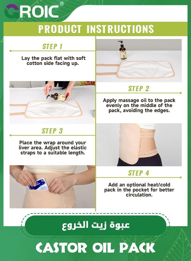 GROIC Castor Oil Pack Wrap, Reusable Organic Castor Oil Pack Kit, Castor Oil Packs for Liver Detox with Adjustable Elastic Strap Flannel Cotton Machine Washable Anti Oil Leak - Image 3