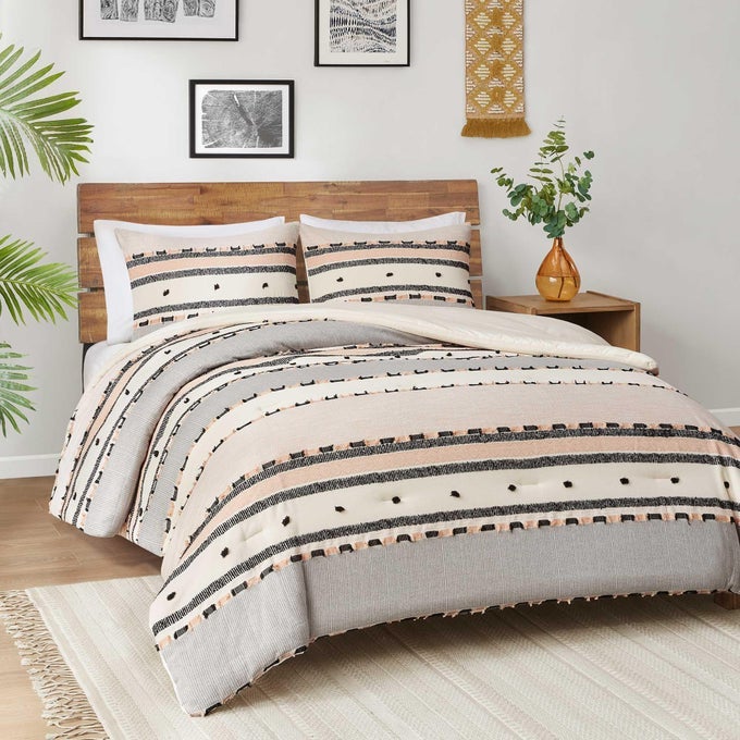 BOHO QUEEN COMFORTER SET MODERN FARMHOUSE FULL SIZE BEDDING COTTON TOP WITH NEUTRAL RUSTIC CLIPPED JACQUARD STRIPES TUFTED BED SETS 3PIECES INCLUDING MATCHING PILLOW SHAMS 90 X 90