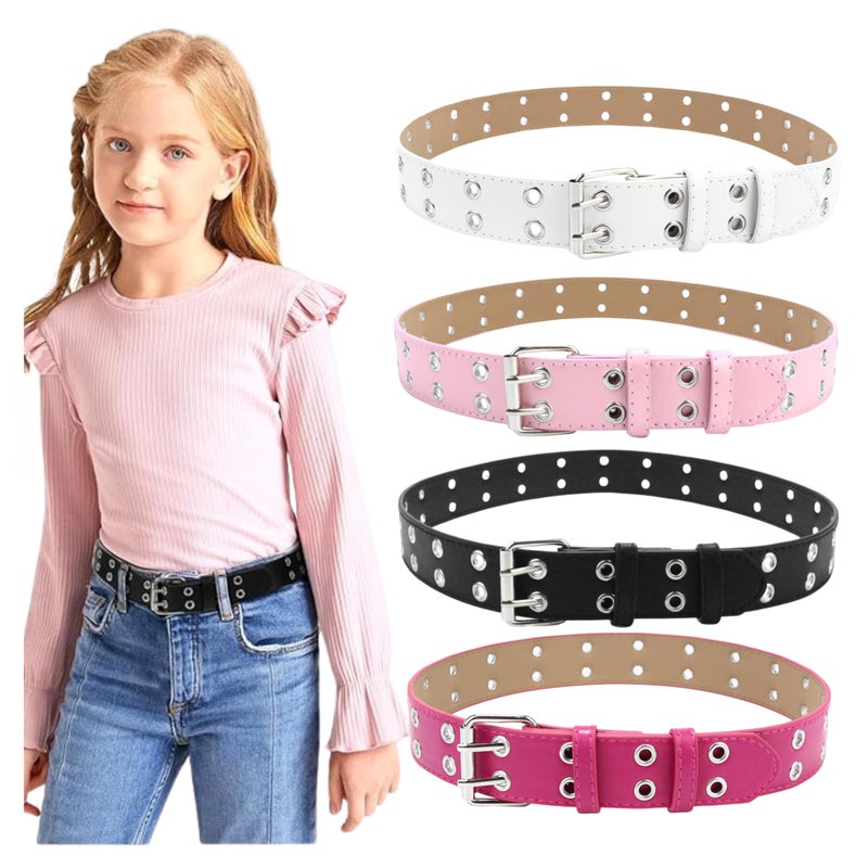 Toptim Set of 4 Kids Double Grommet Belt for Girls and Boys, Punk PU Leather Kids Studded Holes Belt for Jeans Pants (Up to 30 Inch) - Image 1