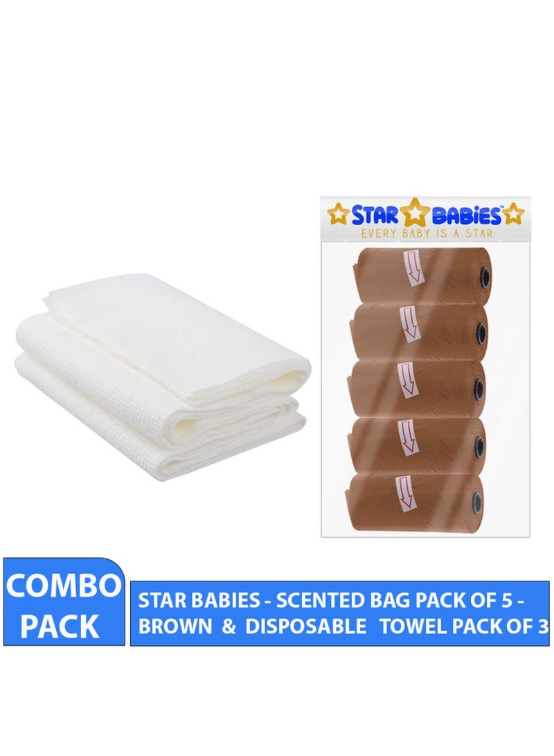 STAR BABiES Combo Pack Scented Bag Pack Of 5 With Dispsoable Towel Pack Of 3   Brown  - Image 2