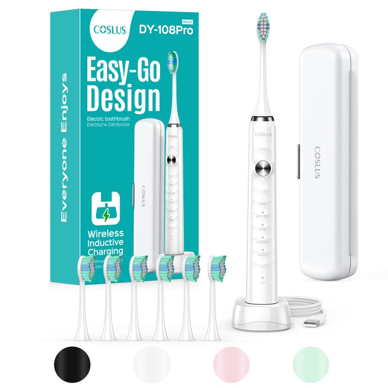 COSLUS Sonic Electric Toothbrush for Adults 47000 VPM for Deep Cleaning Whitening with Travel Case 5 Modes for Sensitive Teeth Braces Wireless Charging 6 Brush Heads for Home Family White