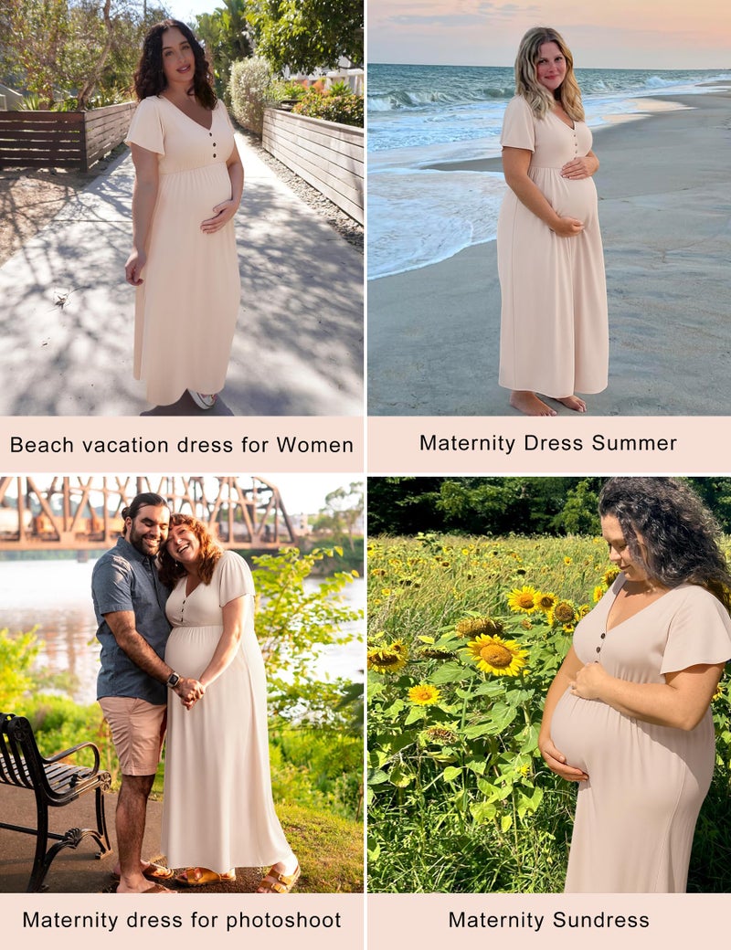 Peauty Boho Maternity Dress Maternity Maxi Dress Fall Maternity Photoshoot Outfits Maternity Dress Fall Baby Shower Dress for Mom to Be Fall Maternity Clothes (Light Mocha S) - Image 2