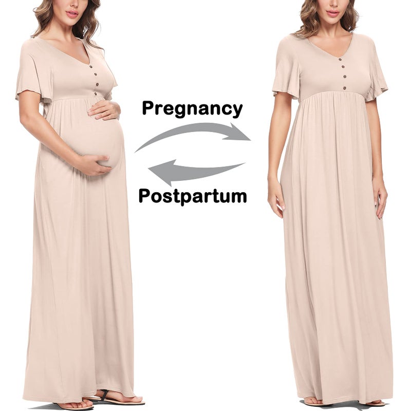 Peauty Boho Maternity Dress Maternity Maxi Dress Fall Maternity Photoshoot Outfits Maternity Dress Fall Baby Shower Dress for Mom to Be Fall Maternity Clothes (Light Mocha S) - Image 4