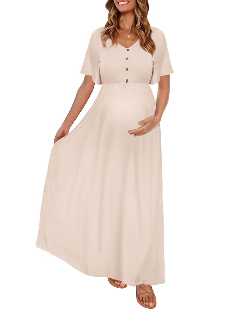 Peauty Boho Maternity Dress Maternity Maxi Dress Fall Maternity Photoshoot Outfits Maternity Dress Fall Baby Shower Dress for Mom to Be Fall Maternity Clothes (Light Mocha S) - Image 1