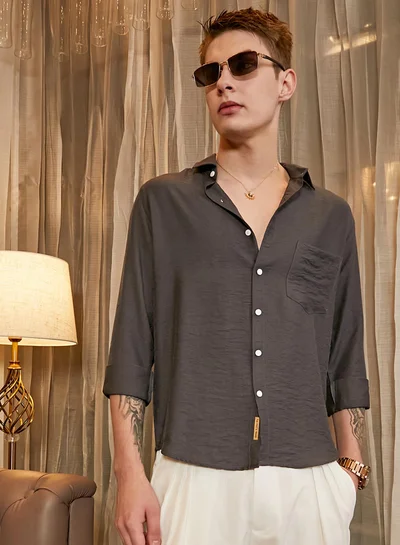 Campus Sutra Campus Sutra Men's Charcoal Grey Breezy Wrinked Relaxed Shirt For Casual Wear | Spread Collar | Long Cuffed Sleeves | Button Closure | Shirt Crafted With Comfort Fit For Everyday Wear