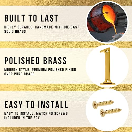 A10SHOP Clio 3-Inch Solid Brass Lacquered Polished Mailbox Numbers House Numbers For Outside, Address Plaques for House Numbers, Outdoor Decor (Polished Brass, Number 1) - Image 3