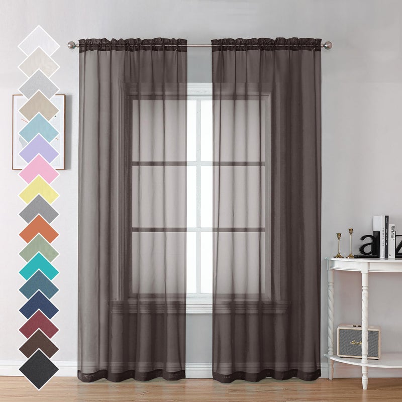 OVZME Chocolate Brown Sheer Curtains 84 Inches Long 2 Panels, Light Filtering Sheer Curtains for Living Room Bedroom, Rod Pocket Sheer Brown Drapes Window Treatments, Each 42Wx84L - Image 1