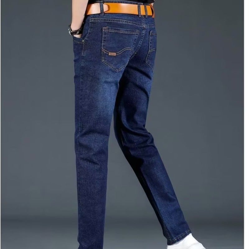 Autumn and Winter Jeans Mens fleece-lined Thickened Straight Loose plus size Mens Work Warm Winter Out Cold-proof Mens Pants Blue (without belt) 