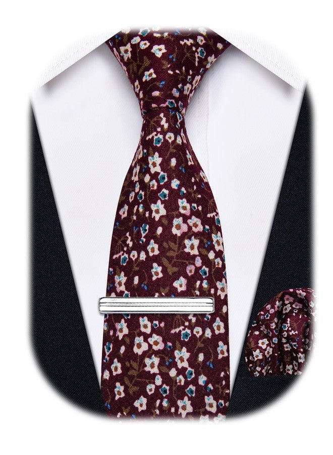 YourTies Burgundy Cotton Floral Tie for Men 2.5" Printed Skinny Necktie Pocket Square Tie Clip Set Flower Wedding Groom - Image 1