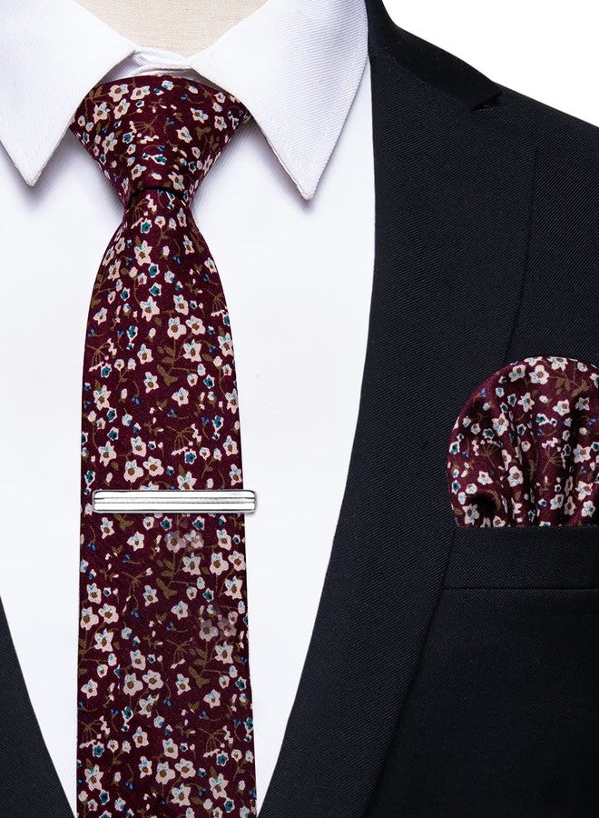 YourTies Burgundy Cotton Floral Tie for Men 2.5" Printed Skinny Necktie Pocket Square Tie Clip Set Flower Wedding Groom - Image 2