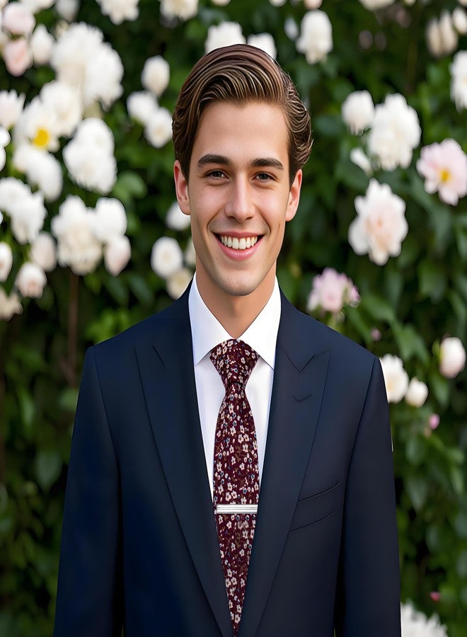 YourTies Burgundy Cotton Floral Tie for Men 2.5" Printed Skinny Necktie Pocket Square Tie Clip Set Flower Wedding Groom - Image 4