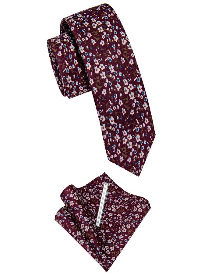YourTies Burgundy Cotton Floral Tie for Men 2.5" Printed Skinny Necktie Pocket Square Tie Clip Set Flower Wedding Groom - Image 3