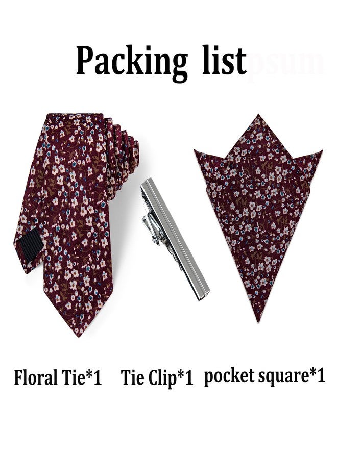 YourTies Burgundy Cotton Floral Tie for Men 2.5" Printed Skinny Necktie Pocket Square Tie Clip Set Flower Wedding Groom - Image 5