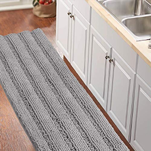 Turquoize Gray Kitchen Runner Chenille Shag Area Rug Non Slip Backing for Floor Runner Rug with Water Absorbent Bath Room Mat for Tub/Living Room, 59" X 20", Dove Gray, Striped Pattern - Image 1