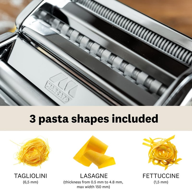 MARCATO Made in Italy Atlas 150 Classic Manual Pasta Maker Machine, Chrome Steel with Black Hand Crank. Makes Lasagna, Fettuccine & Tagliolini. - Image 3