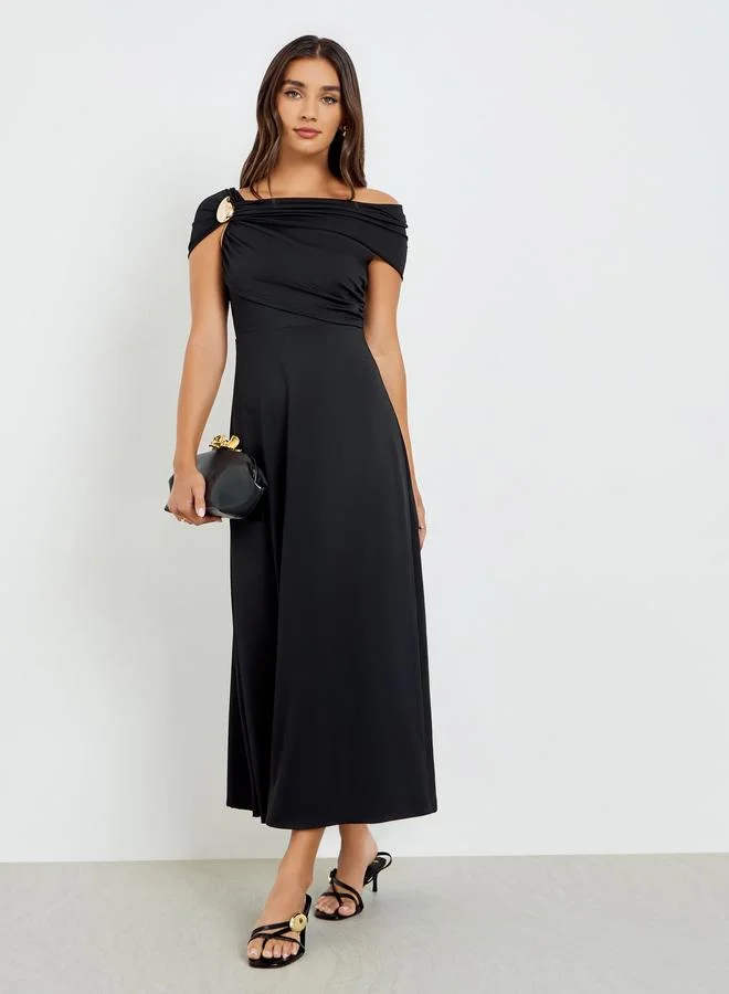 Black Off Shoulder Maxi Dress with Buckle Detail