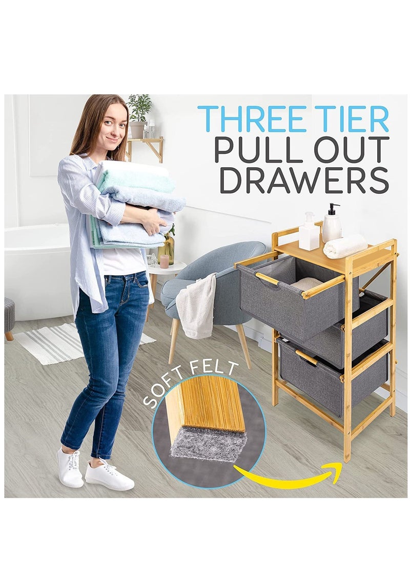 3-Tier Natural Wooden Freestanding Storage Organizer Basket Shelf Hamper and Clothes Towels Sheets with Pull Out Drawers