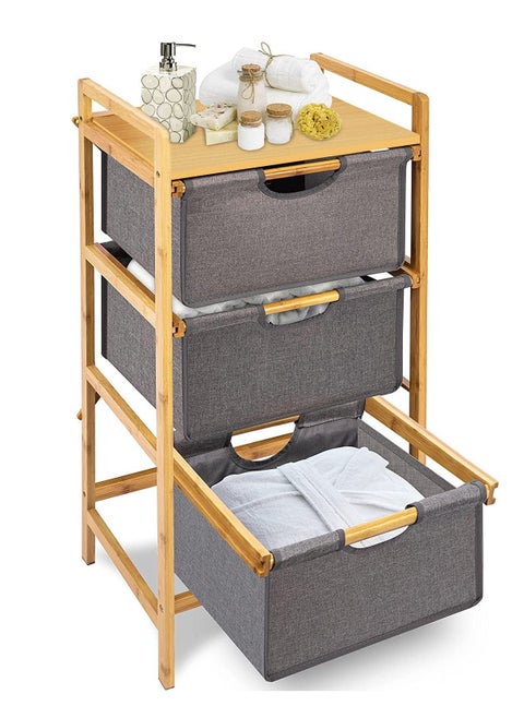 3-Tier Natural Wooden Freestanding Storage Organizer Basket Shelf Hamper and Clothes Towels Sheets with Pull Out Drawers