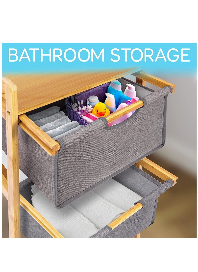 3-Tier Natural Wooden Freestanding Storage Organizer Basket Shelf Hamper and Clothes Towels Sheets with Pull Out Drawers