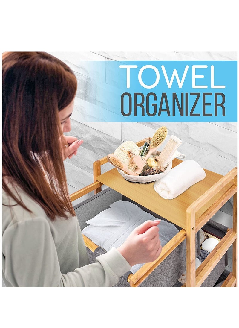 3-Tier Natural Wooden Freestanding Storage Organizer Basket Shelf Hamper and Clothes Towels Sheets with Pull Out Drawers