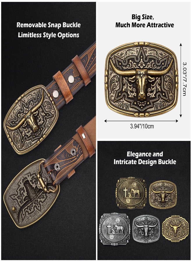 BISON DENIM Men's Western Cowboy Belt with Big Printed Engraved Buckle Strap Adjustable - Image 4