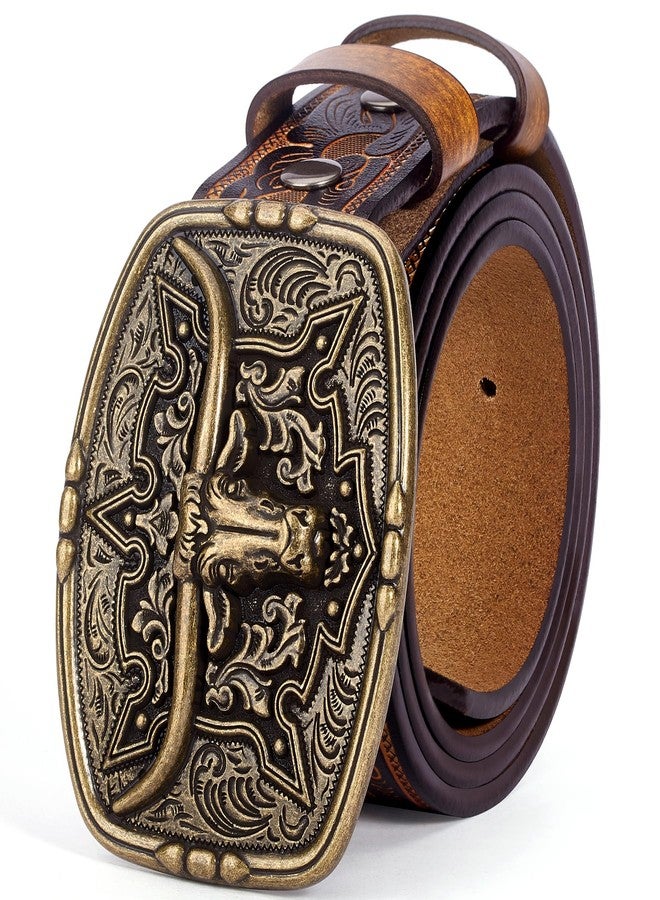 BISON DENIM Men's Western Cowboy Belt with Big Printed Engraved Buckle Strap Adjustable - Image 1