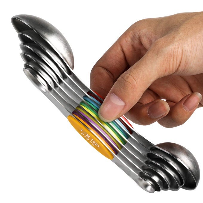 MAGNETIC MEASURING SPOONS SET STAINLESS STEEL STACKABLE DUAL SIDED TEASPOONS AND TABLESPOONS FOR MEASURING DRY AND LIQUID INGREDIENTS SET OF 6