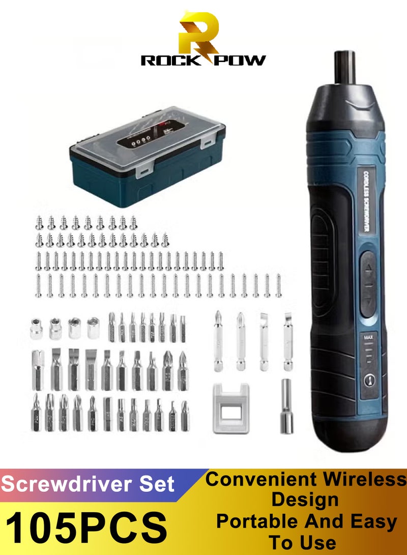 روك بو مسمار كهربائي لاسلكي مع 105 قطع ملحقات USB قابل لإعادة الشحن مسمار كهربائي محمول مجموعة عزم الدوران قابل للتعديل مسمار لاسلكي للمشاريع المنزلية الصغيرة إصلاح DIY المنزل - Image 1