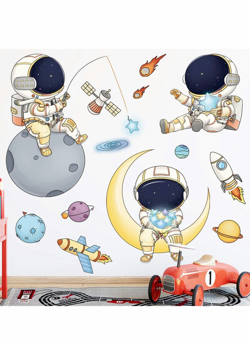 إكسفور Astronaut Wall Stickers Planet Space Walk Spaceship DIY Art Vinyl Removable Murals Decals,  Cartoon Spaceman Cosmonaut Wallpaper for Kids Boys Bedroom Playing Room - Image 2