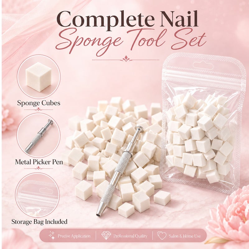 Me Now 100PCS Nail Art Sponge Picker Tool Set with Colorful Sponge Cubes Metal Claw Pen for Ombre Gradient Nails, Reusable Nail Sponge Stamp Kit for Gel Polish French Tip DIY Manicure and Salon Nail - Image 2