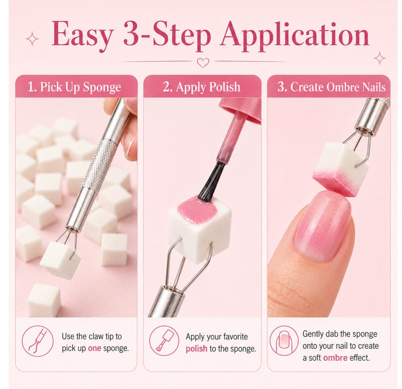 Me Now 100PCS Nail Art Sponge Picker Tool Set with Colorful Sponge Cubes Metal Claw Pen for Ombre Gradient Nails, Reusable Nail Sponge Stamp Kit for Gel Polish French Tip DIY Manicure and Salon Nail - Image 3