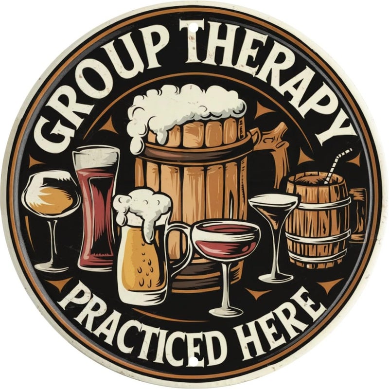 CSWLJS Vintage Beer Bar Art Poster Group Therapy Practiced Here Metal Sign for Home Decor Suitable for Man Cave Backyard or Bar Wall 8x8 In - Image 1