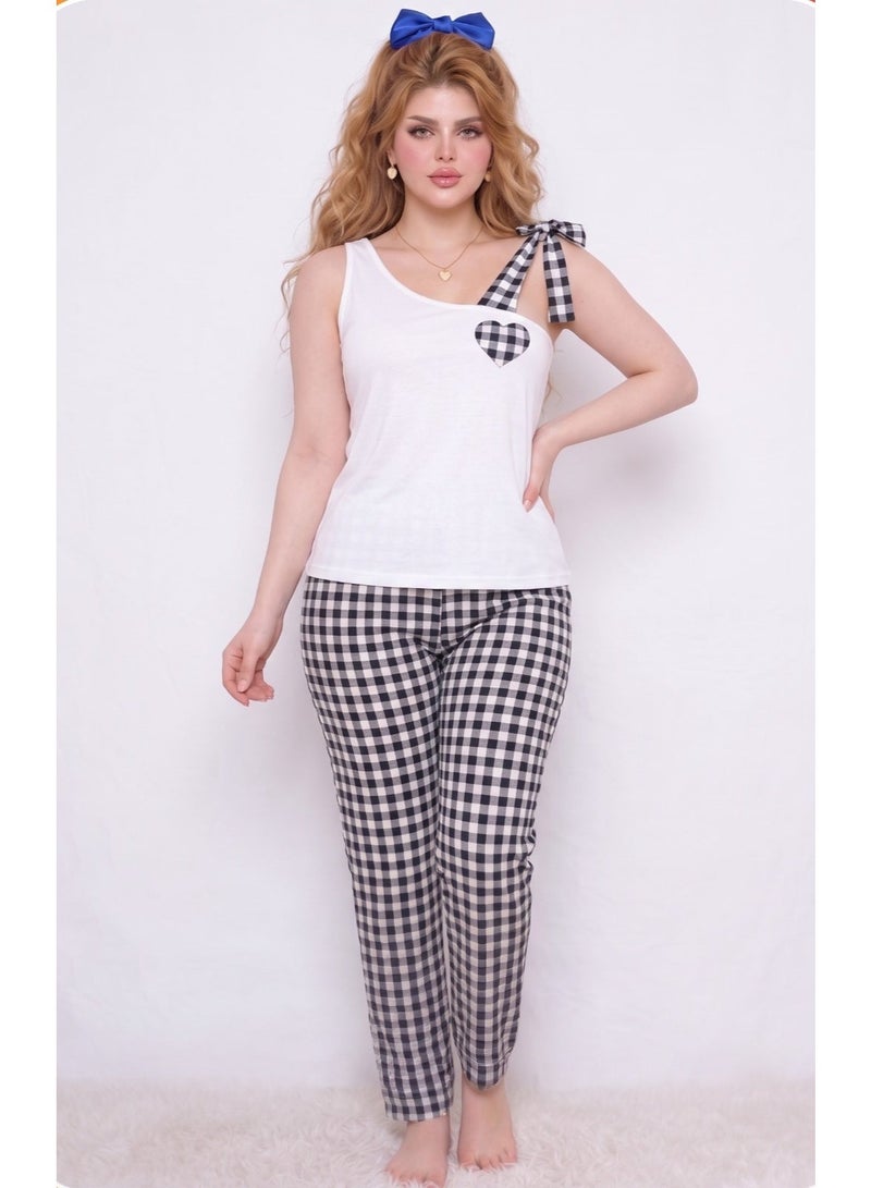 Women 2 Piece Pajama Set White Top and Plaid Pants with Shoulder Bow Code 887 - Image 1