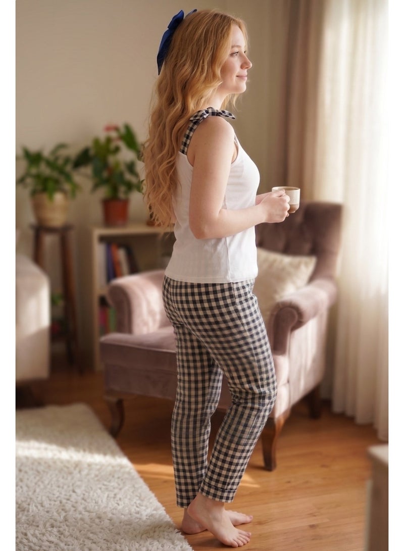 Women 2 Piece Pajama Set White Top and Plaid Pants with Shoulder Bow Code 887 - Image 4