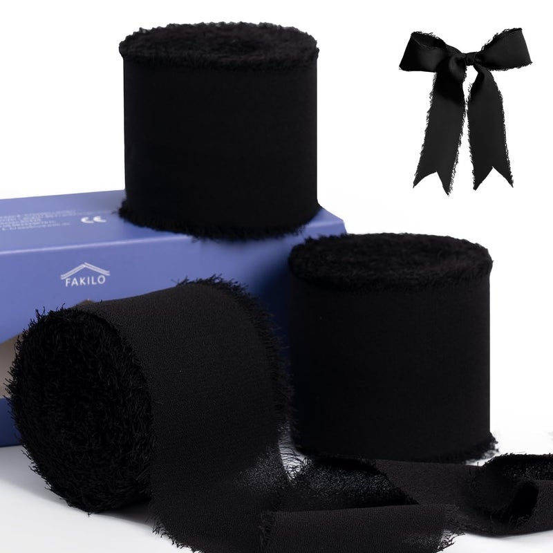 FAKILO Vintage Chiffon Ribbon Set  3 Rolls 15 x 10Yd Black Fringe Wedding Invitations BirthdayHoliday Party Decorations Bridal Bouquets
