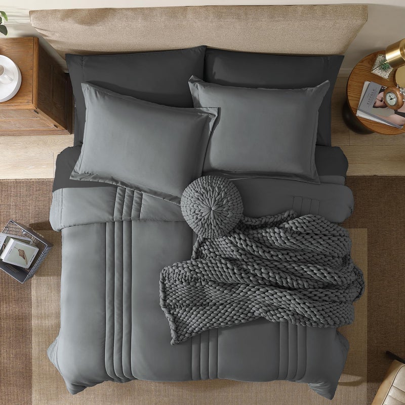 Monbix Queen Comforter Set - 7 Pieces Grey Bed in a Bag Queen Bedding Sets with Comforters, All Seasons Comforter Bed Set with Sheets,Pillowcases & Shams - Image 2