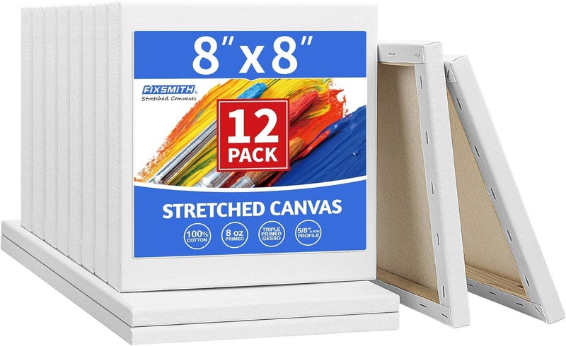 FIXSMITH Stretched White Blank Canvas 8x8 InchBulk Pack of 12Primed100 Cotton58 Inch Profile of Super Value Pack for AcrylicsOils  Other Painting Media