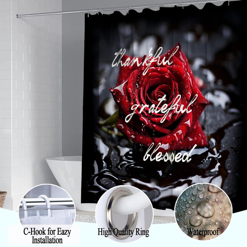 Omebero 4Pcs Romantic Red Rose Bathroom Shower Curtain Sets  Waterproof Fabric Black Bathroom Sets With Shower Curtain And Rugs Toilet Lid Cover Bath Mat  Retro Flower Shower Curtains With Hooks - Image 2