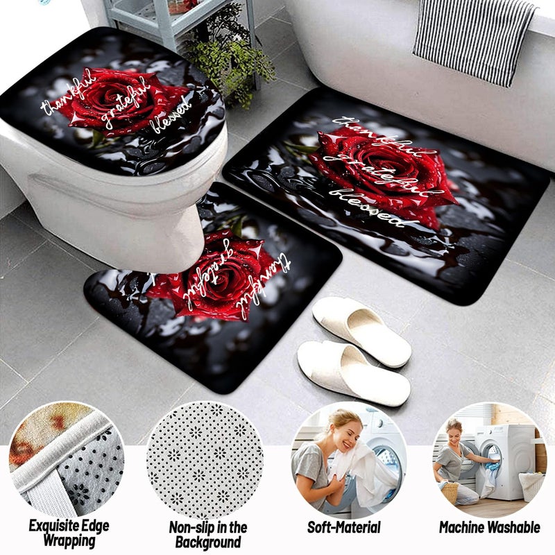 Omebero 4Pcs Romantic Red Rose Bathroom Shower Curtain Sets  Waterproof Fabric Black Bathroom Sets With Shower Curtain And Rugs Toilet Lid Cover Bath Mat  Retro Flower Shower Curtains With Hooks - Image 3