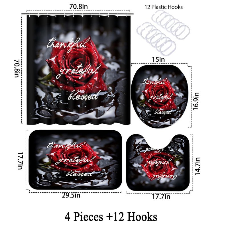 Omebero 4Pcs Romantic Red Rose Bathroom Shower Curtain Sets  Waterproof Fabric Black Bathroom Sets With Shower Curtain And Rugs Toilet Lid Cover Bath Mat  Retro Flower Shower Curtains With Hooks - Image 4