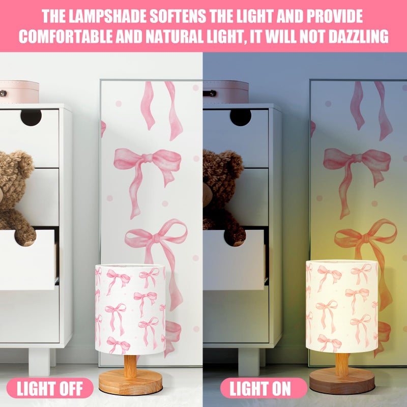 VIHOSE Bow Kids Table Lamp for Bedroom Kids Bedside Lamp with Linen Wooden Nightstand Cartoon Nursery Lampshade for Girls Boys Living Room - Image 2