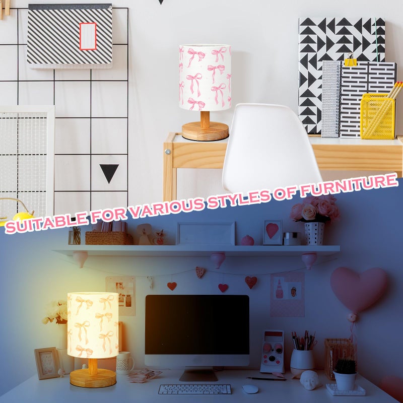 VIHOSE Bow Kids Table Lamp for Bedroom Kids Bedside Lamp with Linen Wooden Nightstand Cartoon Nursery Lampshade for Girls Boys Living Room - Image 4